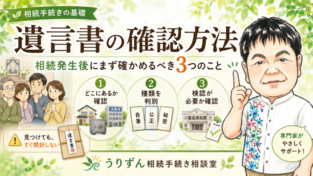 遺言書の確認方法|相続発生後にまず確かめるべき3つのこと:①どこにあるか確認、②3種類(自筆・公正・秘密)を判別、③検認の要否を確認。専門家がやさしくサポート - うりずん相続手続き相談室