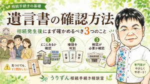 遺言書の確認方法|相続発生後にまず確かめるべき3つのこと:①どこにあるか確認、②3種類(自筆・公正・秘密)を判別、③検認の要否を確認。専門家がやさしくサポート - うりずん相続手続き相談室