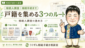 うりずん相続手続き相談室『相続人調査｜戸籍を集める3つのルート』のアイキャッチ。カテゴリ「相続手続きの基礎」、戸籍の3種類（現在戸籍・改製原戸籍・除籍謄本）、窓口・郵送・広域交付の3つの取得ルート、2024年3月開始の広域交付制度を紹介するバナー。