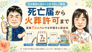 死亡届から火葬許可まで、直後7日以内にやる手続きと提出先。死亡届の提出・7日以内の手続き・火葬許可の取得・提出先の確認という流れを示した図解。