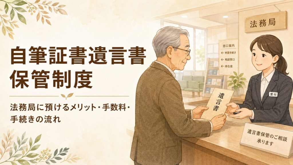 自筆証書遺言書保管制度を解説する記事のアイキャッチ。法務局の窓口で高齢の男性が職員に遺言書を預ける様子