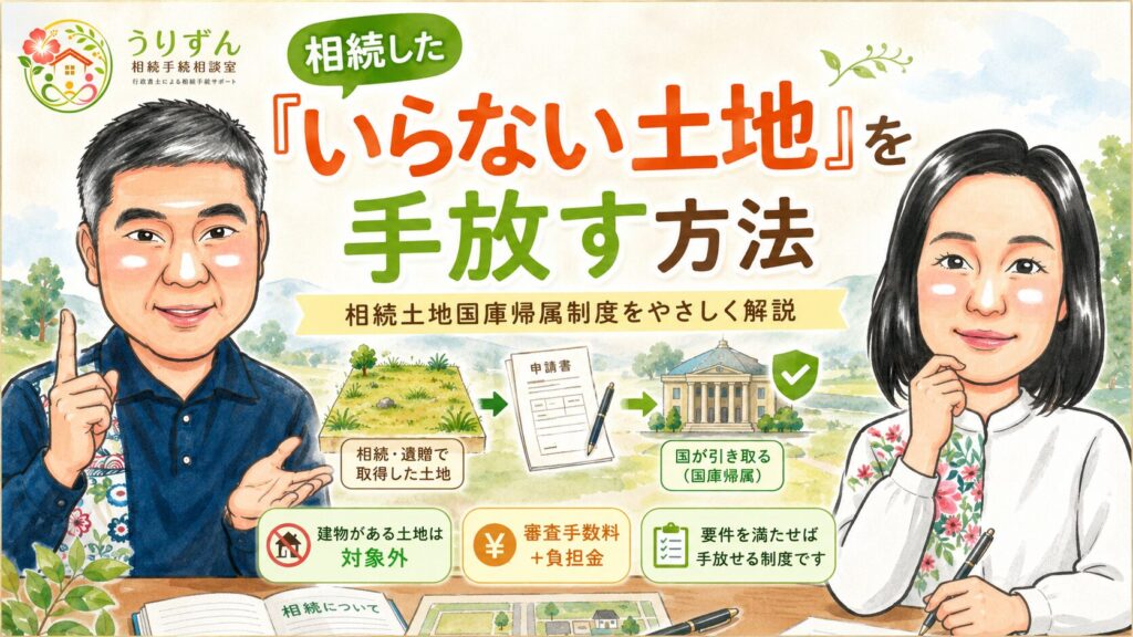 相続した「いらない土地」を手放す方法を解説する記事の見出し。相続土地国庫帰属制度で、相続・遺贈により取得した土地を国が引き取る流れや、建物がある土地は対象外であること、審査手数料と負担金がかかることをやさしくまとめている