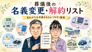 葬儀後の名義変更・解約リスト。世帯主の変更、健康保険・年金、電気・ガス・水道、スマホ・ネット・サブスク、銀行口座・クレジットカード、不動産の名義変更、自動車・運転免許など、忘れがちな手続きをわかりやすく整理した記事のアイキャッチ。