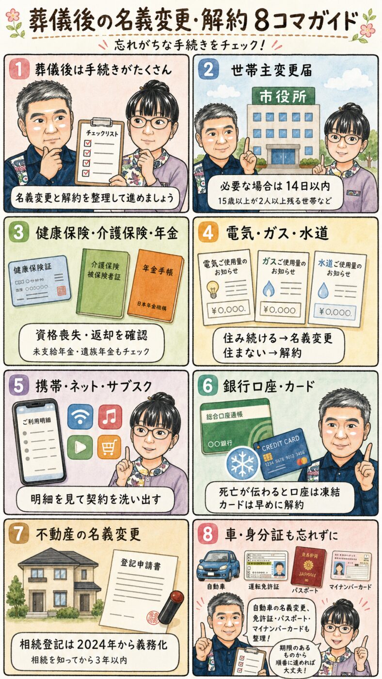 葬儀後の名義変更・解約手続きを8コマで解説。世帯主変更届(14日以内)、健康保険・介護・年金の資格喪失、電気・ガス・水道の名義変更・解約、携帯・サブスクの解約、銀行口座の凍結とカード解約、相続登記(2024年義務化・3年以内)、自動車・免許・パスポート・マイナンバーカードの整理までの手順。