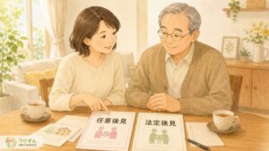 任意後見と法定後見の資料を前に親子が和やかに話し合うイラスト