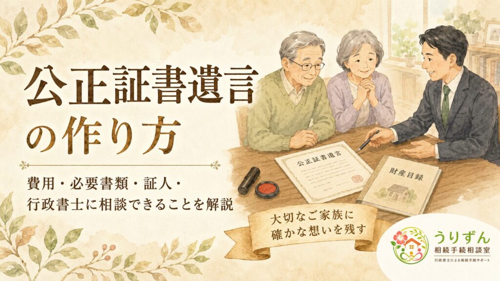 公正証書遺言の作り方のタイトルと、机で公証人と一緒に公正証書遺言を確認する高齢の夫婦、公正証書遺言の書面・実印・財産目録のイラスト。費用・必要書類・証人・行政書士に相談できることを解説する記事のトップ図