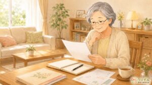自宅でエンディングノートと書類を前に終活の準備を進める高齢女性のイラスト