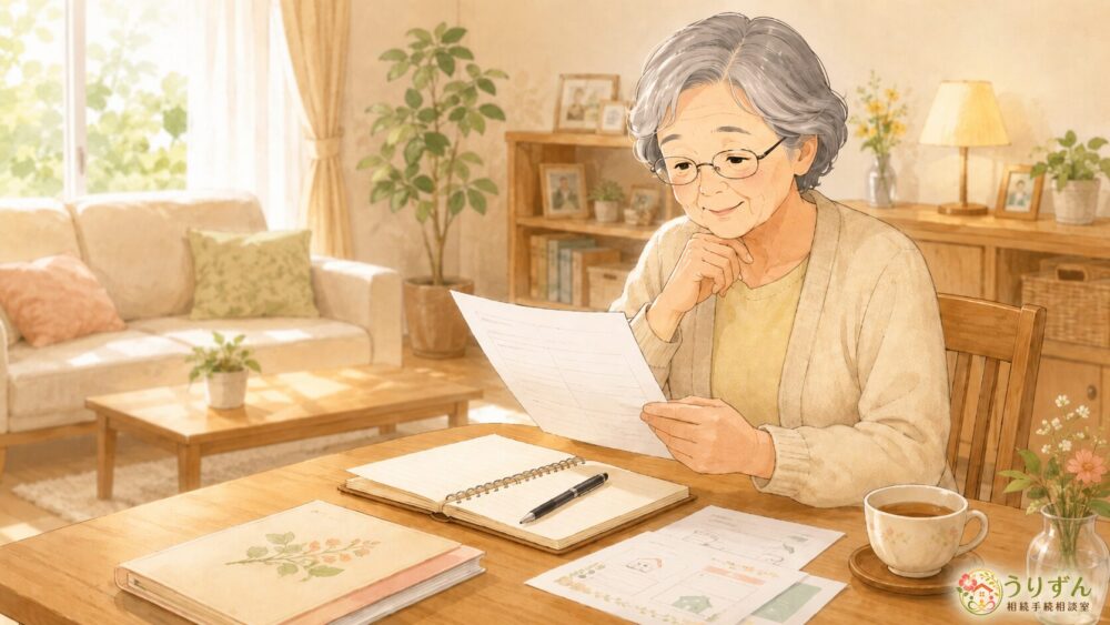 自宅でエンディングノートと書類を前に終活の準備を進める高齢女性のイラスト