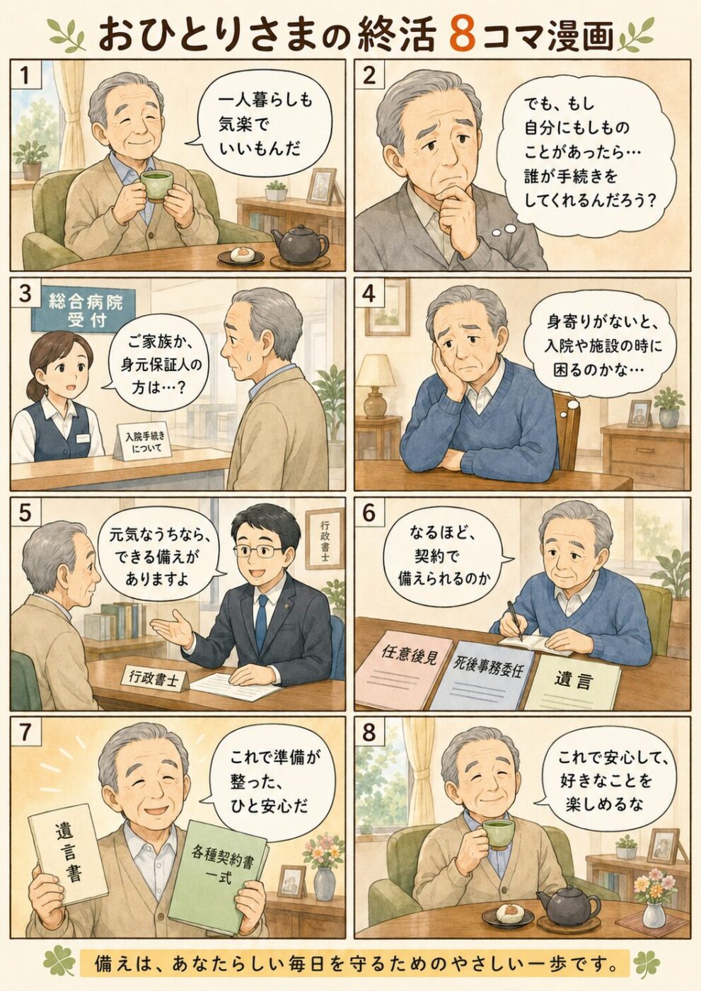 おひとりさまが終活で備える契約・遺言・死後事務の流れを描いたイラスト