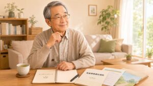 エンディングノートと死後事務委任契約の資料を前に終活の準備を進める高齢男性のイラスト