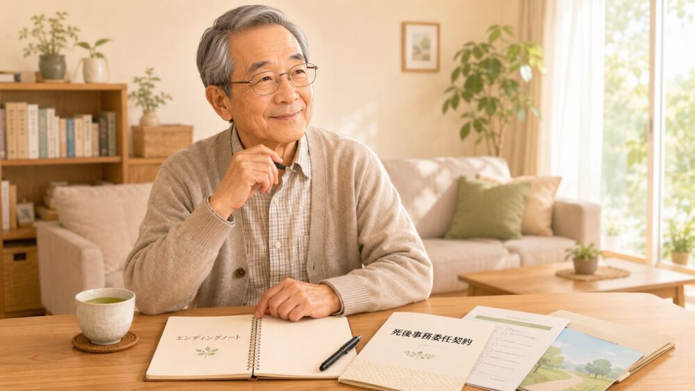 エンディングノートと死後事務委任契約の資料を前に終活の準備を進める高齢男性のイラスト