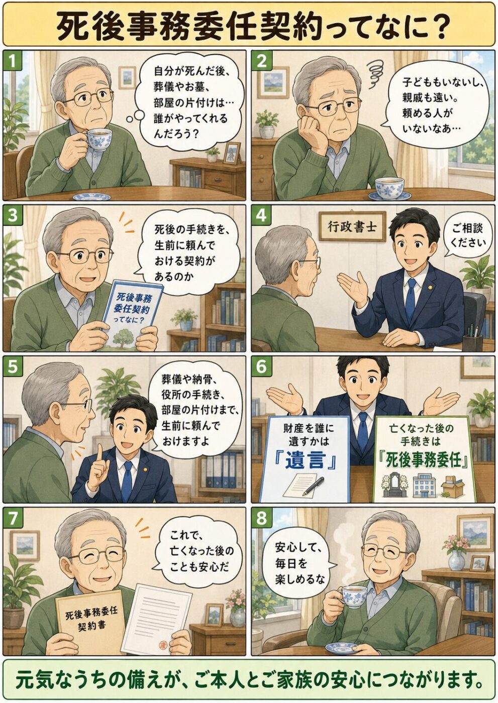 おひとりさまが死後事務委任契約で葬儀や行政手続きを生前に託す流れを描いたイラスト