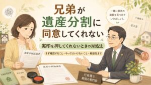 兄弟が遺産分割に同意してくれないときの対処法を、困っている相続人と行政書士の相談場面で表したイラスト