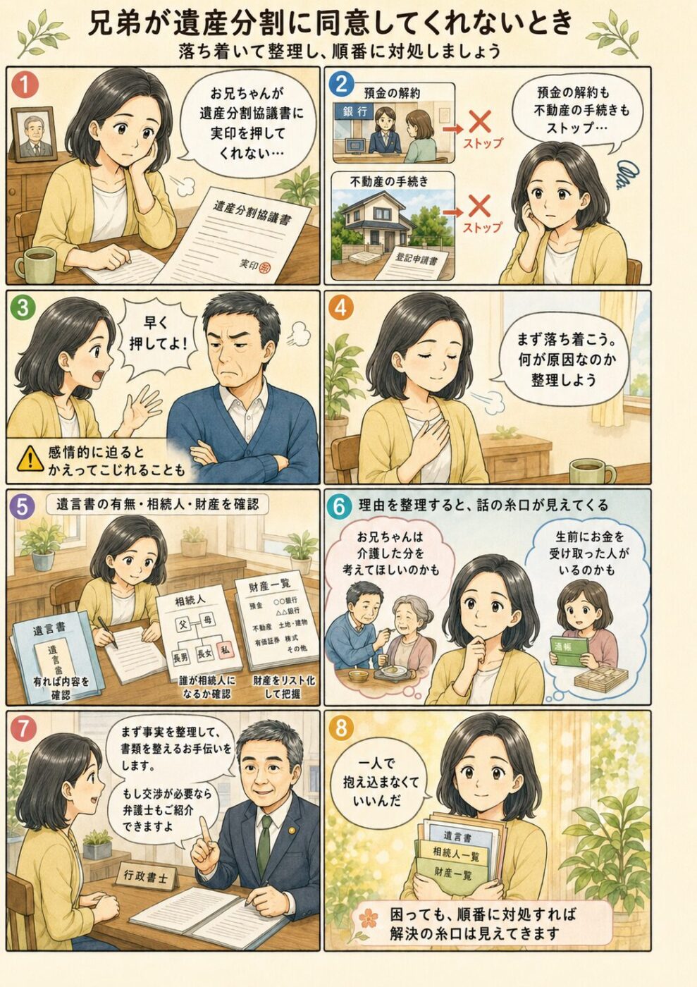 遺産分割協議書に兄弟が実印を押してくれず手続きが止まった状態から、事実の整理・冷静な話し合い・調停や専門家への相談へと進む一連の場面
