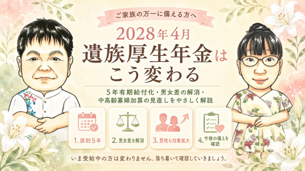 2028年4月改正で遺族厚生年金はこう変わる｜5年有期給付化・男女差の解消・中高齢寡婦加算の見直しをやさしく解説するコラムのアイキャッチ画像