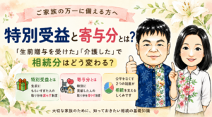 特別受益と寄与分とは｜「生前贈与を受けた」「介護した」で相続分はどう変わるかを解説するコラムのアイキャッチ画像。