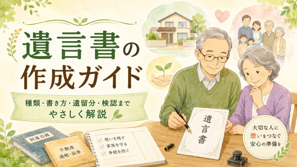 遺言書の作成ガイドのタイトルと、遺言書を書く高齢の夫婦、財産目録や不動産・通帳のイラスト。種類・書き方・遺留分・検認までをやさしく解説する記事のトップ図