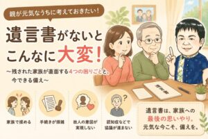 遺言書がないと家族が直面する4つの困りごとと、元気なうちの備えを伝えるイラスト