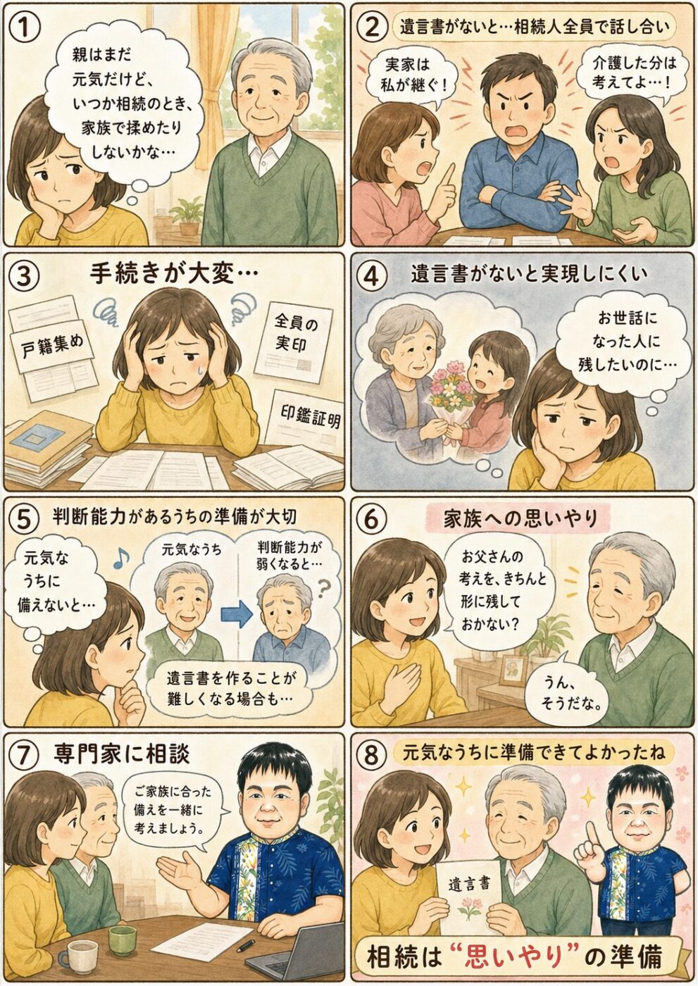 遺言書がないために残された家族が遺産分割協議で直面する4つの困りごとと、親が元気なうちに備えることの大切さを描いた一連の場面