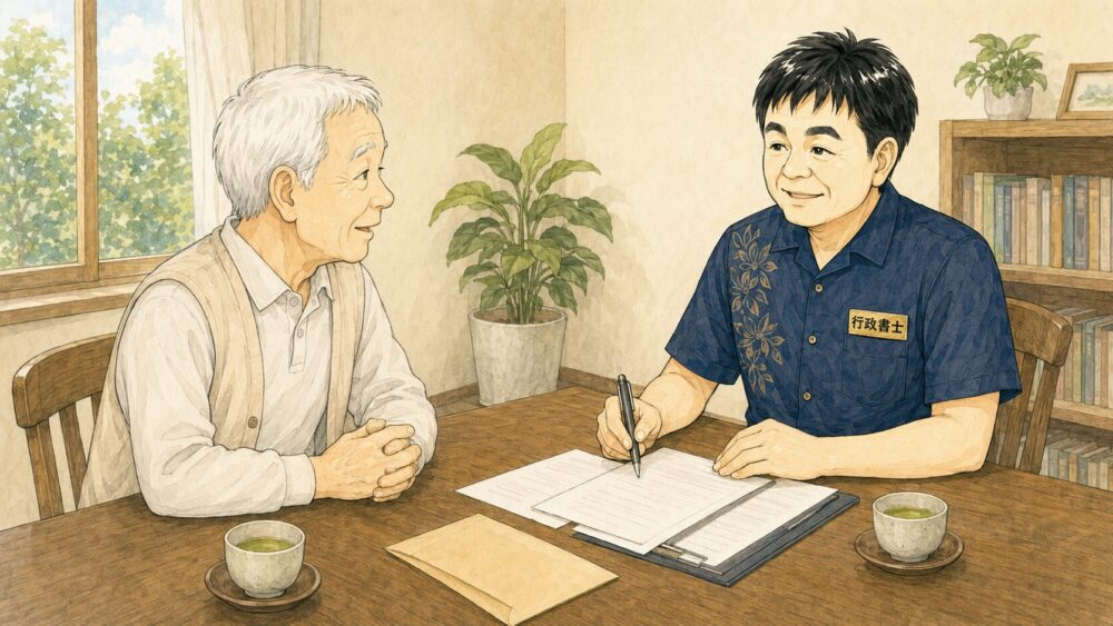 相談室で70代の男性が行政書士と向かい合い、訪問販売の契約をやめる手続きについて相談しているイラスト