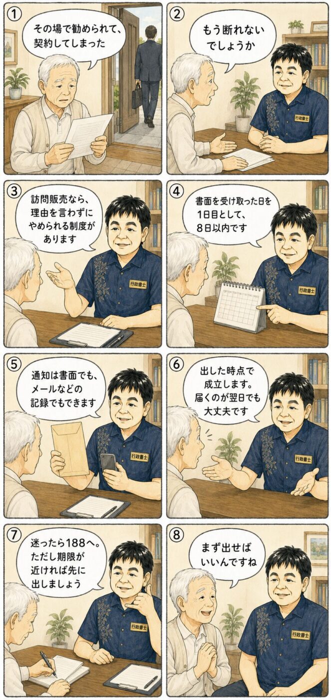 訪問販売で契約してしまった高齢の男性が、契約をやめられる期間の数え方、書面や電子メールによる通知のしかた、通知を出した時点で効力が生じることについて行政書士から説明を受けている様子を描いたイラスト