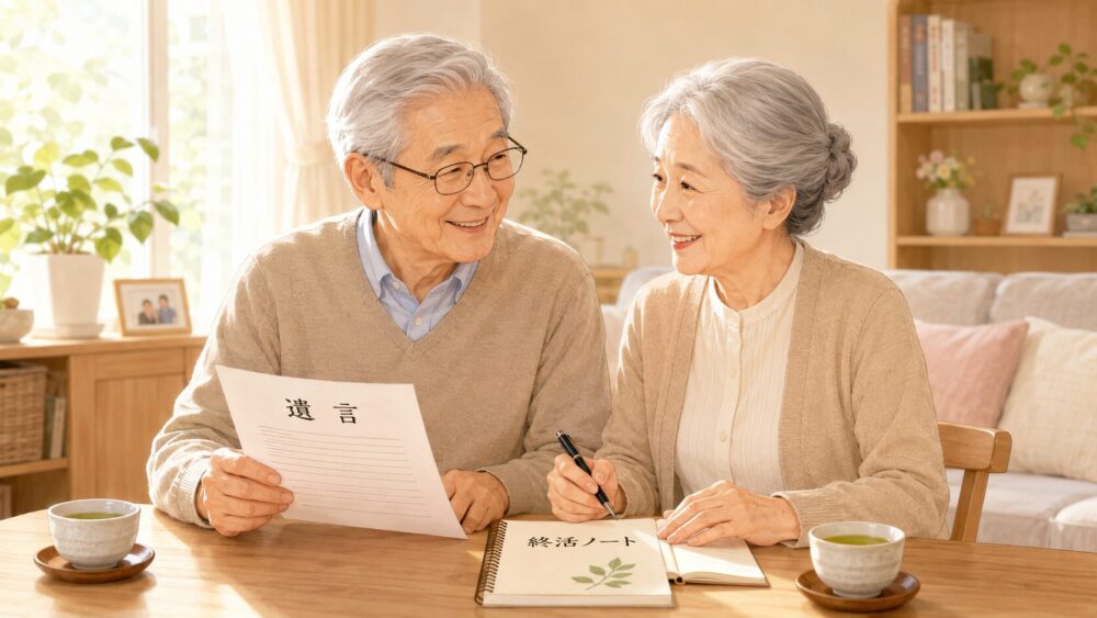高齢の夫婦が二人で遺言や終活の書類を見ながら将来を話し合うイラスト