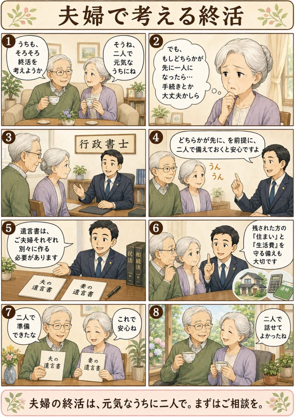 高齢の夫婦が相談員と遺言や住まい・生活費の備えを二人で確認する流れを描いたイラスト