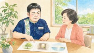 樹木葬・納骨堂・海などの供養方法を整理した資料を前に、選び方について行政書士に相談する女性を描いたイラスト