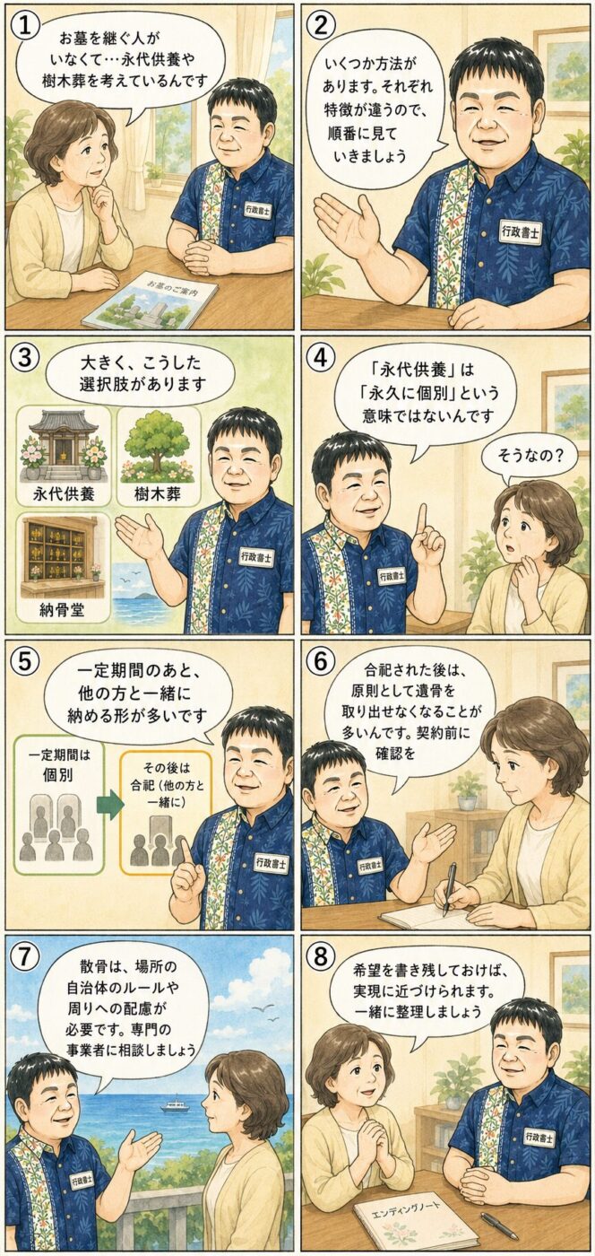 お墓を継ぐ人がいない女性が、永代供養・樹木葬・納骨堂・散骨の特徴や、合祀後は遺骨を取り出せないことが多い点、散骨の注意点について行政書士から説明を受けている様子を描いたイラスト