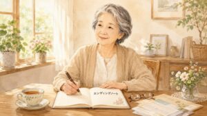 高齢女性が自宅であたたかい雰囲気の中エンディングノートを書いているイラスト