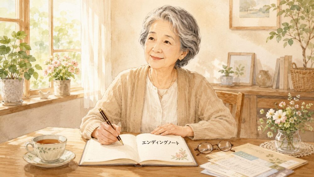 高齢女性が自宅であたたかい雰囲気の中エンディングノートを書いているイラスト