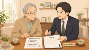 高齢男性が身元保証サービスの契約前に相談員とチェックリストで確認する流れを描いたイラスト
