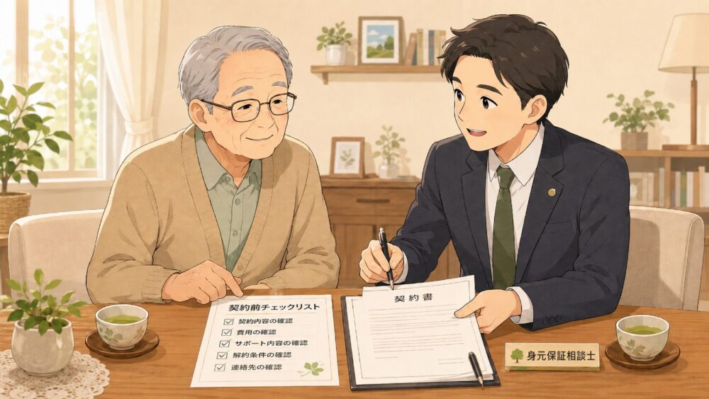 高齢男性が身元保証サービスの契約前に相談員とチェックリストで確認する流れを描いたイラスト