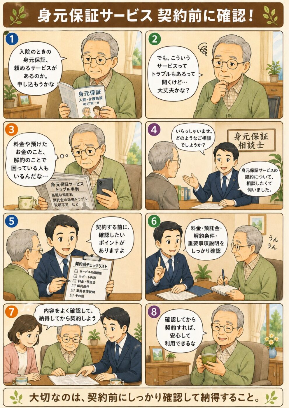 高齢男性が身元保証サービスの契約前に相談員とチェックリストで確認する流れを描いたイラスト