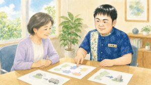 田舎の墓の墓じまいを考える女性が、改葬許可の手続きの流れ、離檀料の注意点、費用の見積もりについて行政書士から説明を受けている様子を描いたイラスト