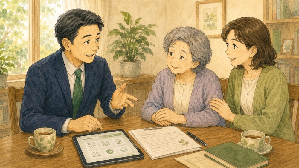 タブレットと紙の遺言書を前に、行政書士が親子へ遺言の進め方をやさしく案内している場面