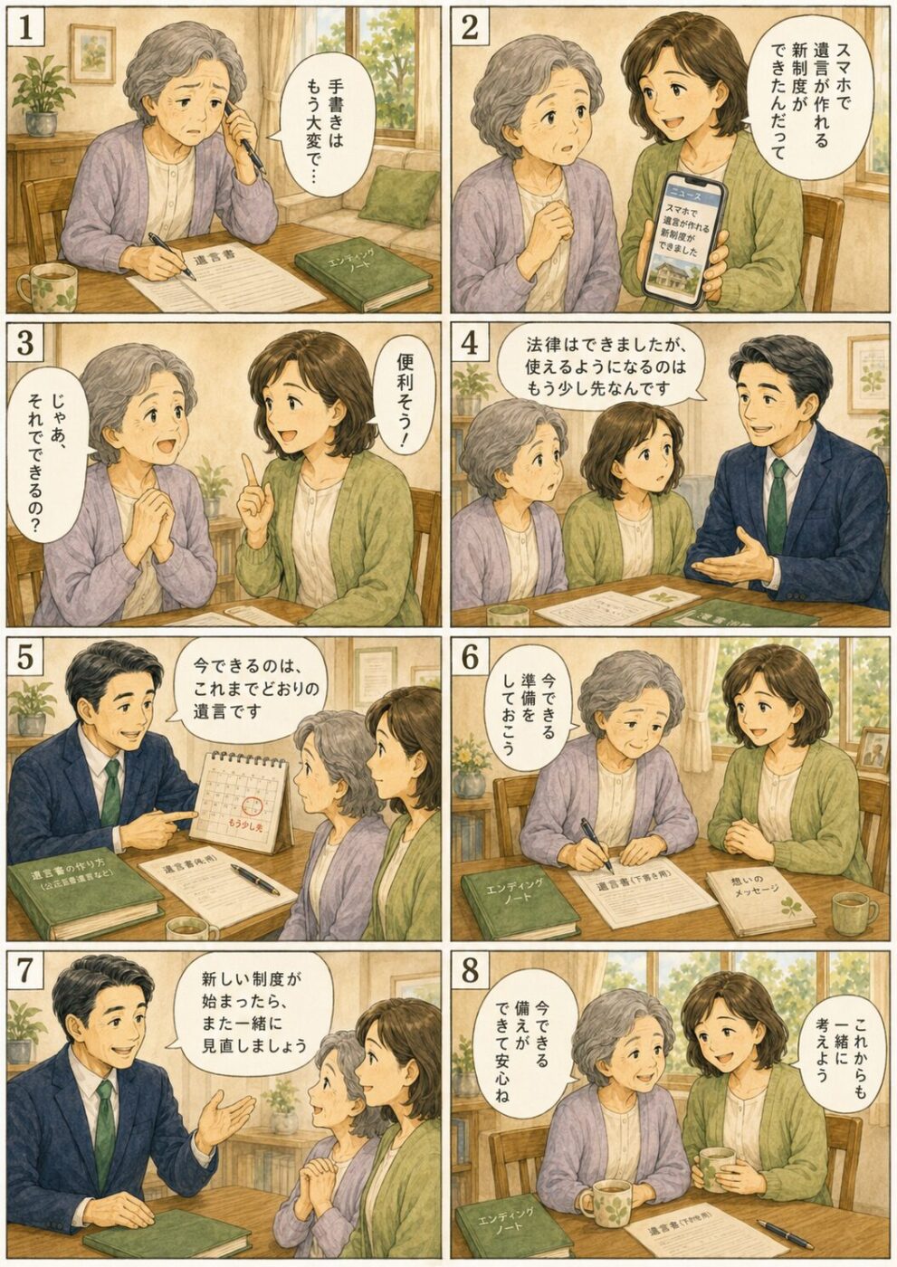 スマホで作れる新しい遺言を知り、今できる遺言の準備を進める親子の様子
