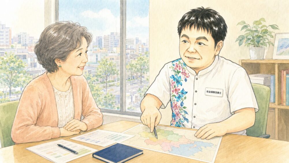 川崎市の地図と年金の資料を前に、年金事務所の場所や手続きについて社会保険労務士に相談する女性を描いたイラスト