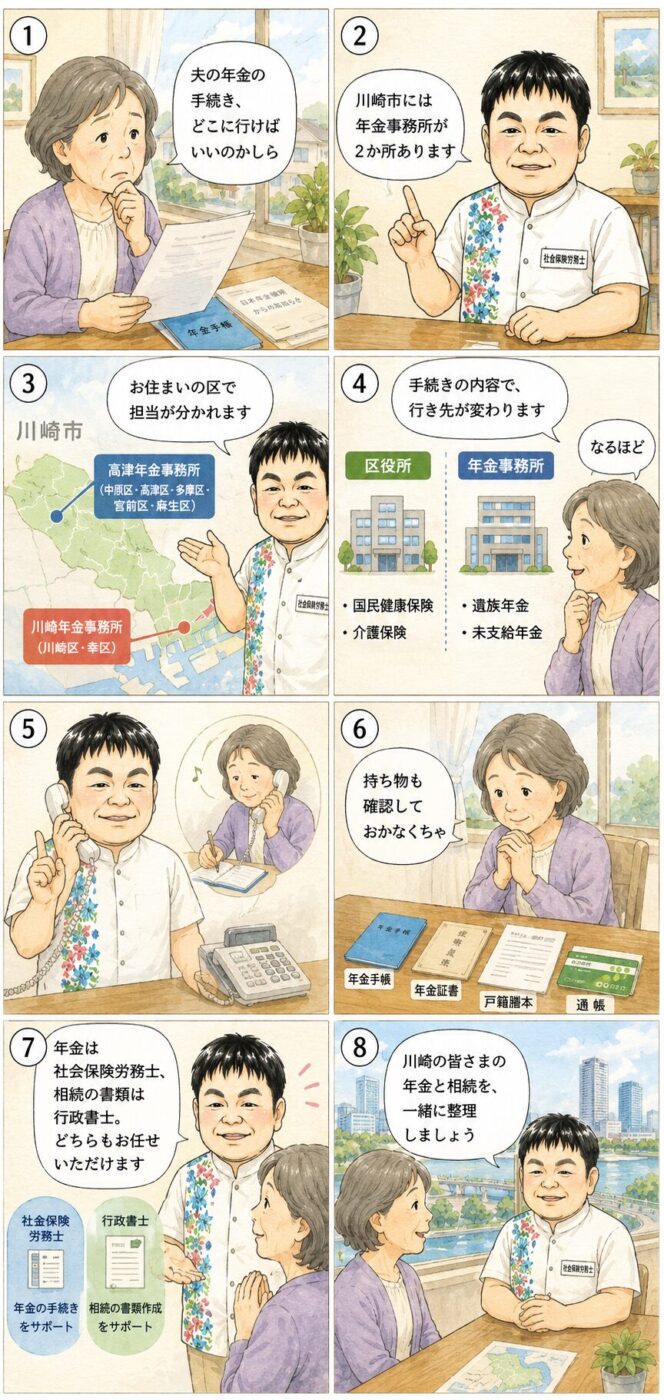 夫を亡くした女性が、川崎市内2か所の年金事務所の担当区、区役所との使い分け、予約や持ち物について社会保険労務士から説明を受けている様子を描いたイラスト