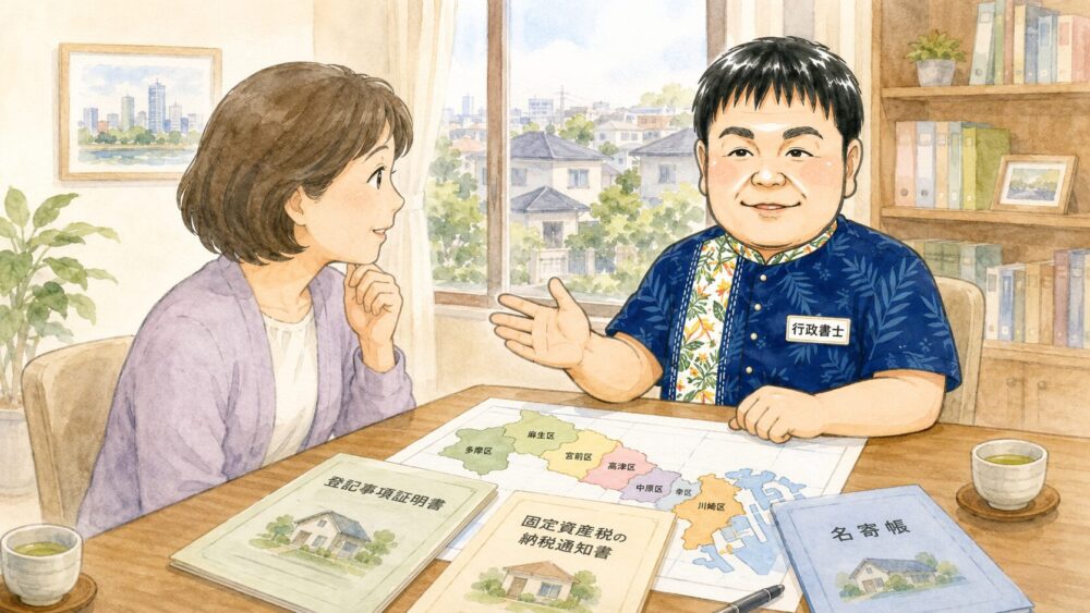 川崎市の区分けが分かる地図と不動産の書類を前に、相続した実家の手続きについて行政書士に相談する女性を描いたイラスト
