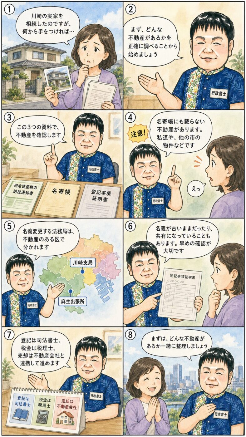 川崎市内の実家を相続した女性が、名寄帳や登記事項証明書での不動産の調べ方、区で分かれる法務局の管轄、名義変更の進め方を行政書士から聞いている様子を描いたイラスト