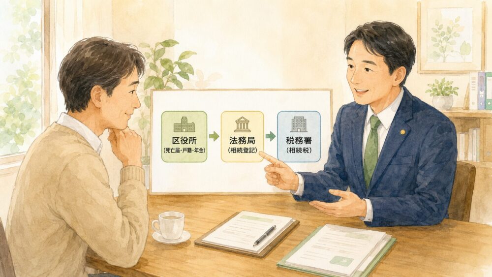 相続手続きを区役所・法務局・税務署のどこで進めるかを、行政書士が川崎市の相談者に説明するイラスト