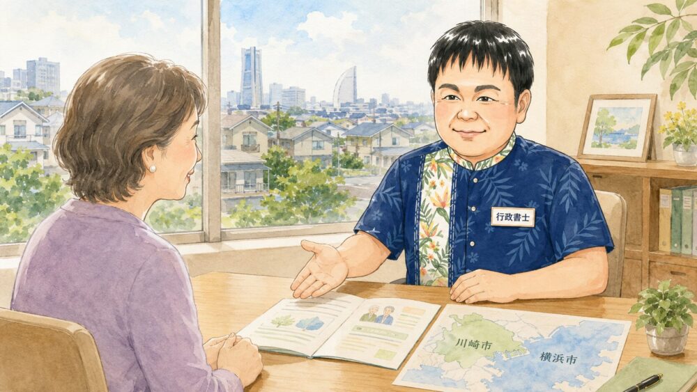川崎市と横浜市の地図と終活の資料を前に、これから何を始めればよいかを行政書士に相談する女性を描いたイラスト