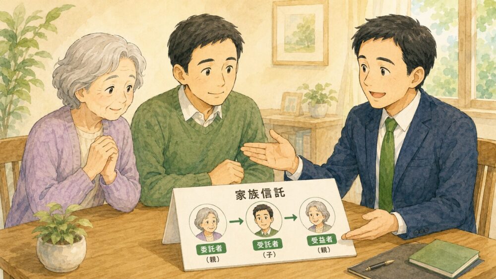 家族信託の委託者・受託者・受益者の関係を、行政書士が親子にやさしく説明するイラスト