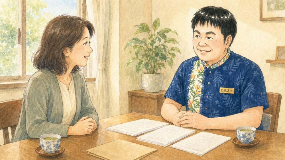 相談室で50代の女性が行政書士と向かい合い、親の契約トラブルと内容証明について相談しているイラスト