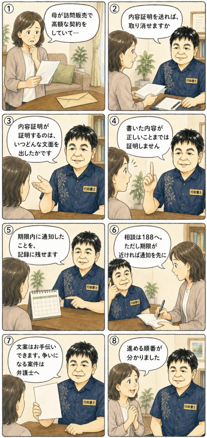 高齢の母親の契約トラブルについて相談に訪れた女性が、内容証明で証明される範囲、期限内に通知した記録の残し方、消費生活センターへの相談、専門家の役割の違いについて行政書士から説明を受けている様子を描いたイラスト