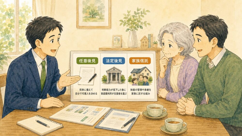 任意後見・法定後見・家族信託の3制度の違いを、行政書士が親子にパネルで比較しながら説明するイラスト