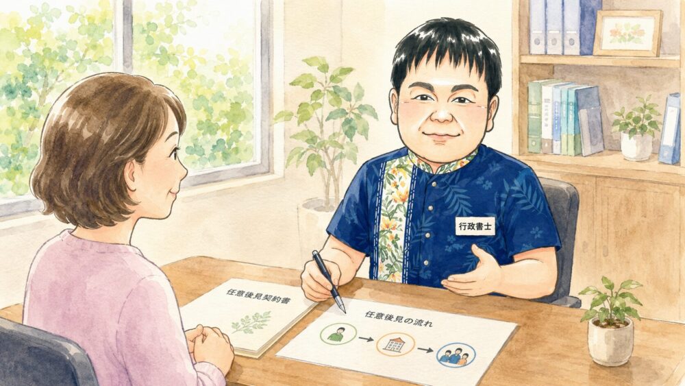 任意後見契約書と手続きの流れを前に、任意後見監督人について行政書士に相談する女性を描いたイラスト