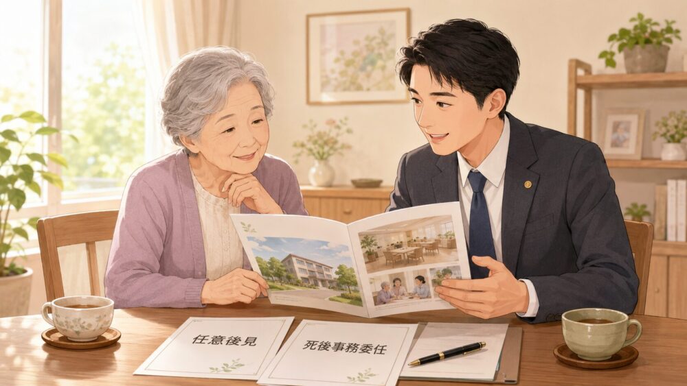 高齢女性が相談員と老人ホーム入所の備えを相談するイラスト