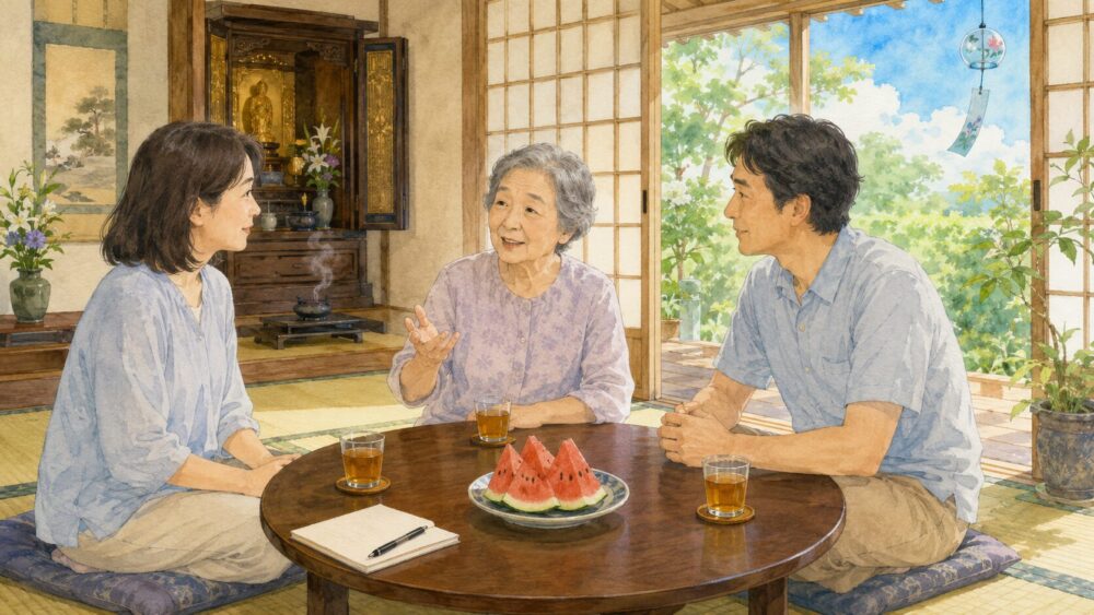 お盆に帰省した家族が、夏の実家の居間でちゃぶ台を囲み、これからのことを和やかに話し合っているイラスト